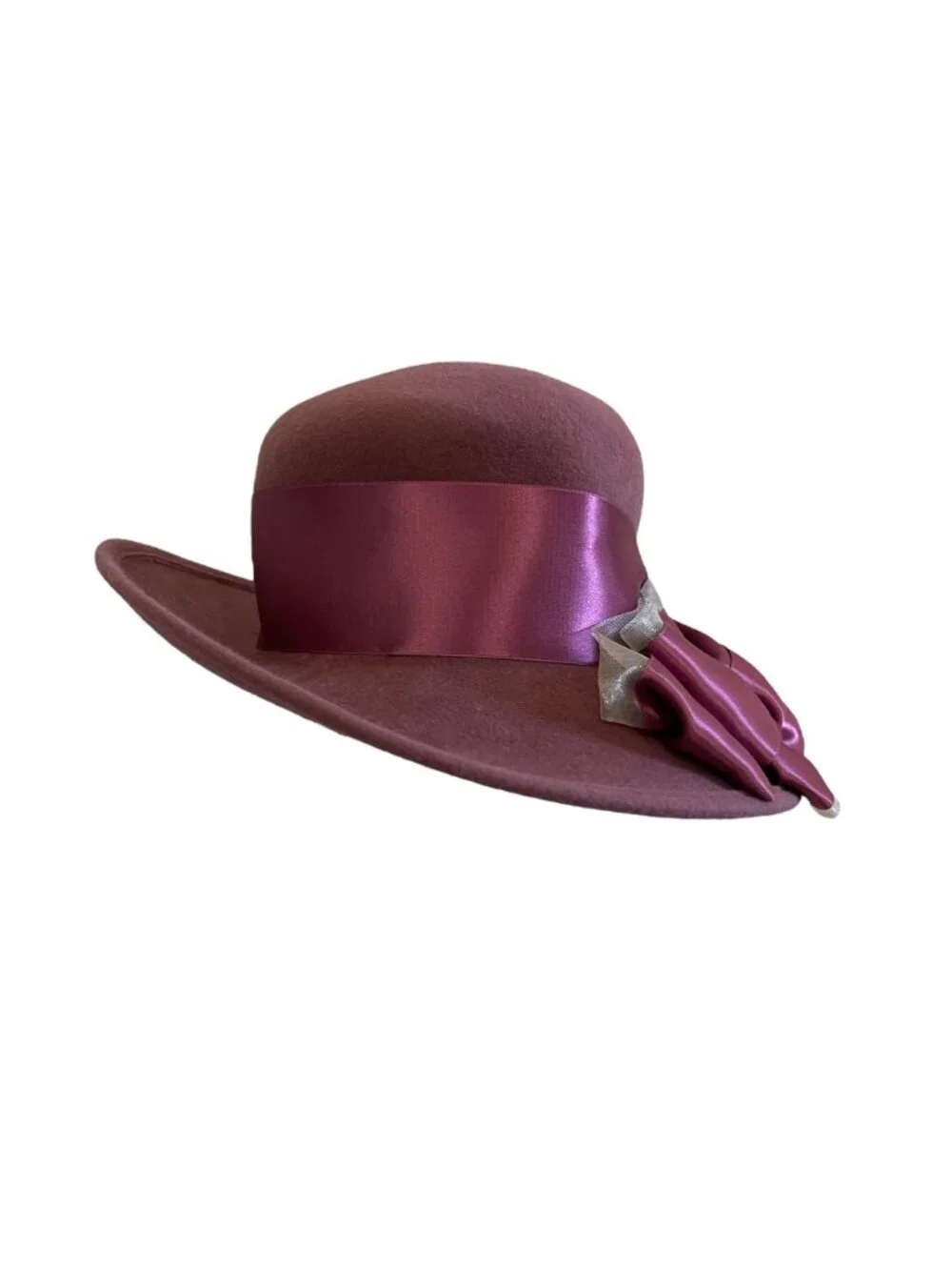 Louise Green Pink Wool Felt Wide Brim Hat Satin Ribbon  Rhinestone Embellishment
